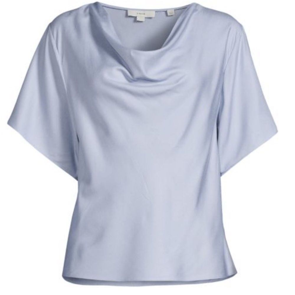 Vince. Draped Front Cowl Neckline Short Dolman Sleeve Top Blouse Light Blue